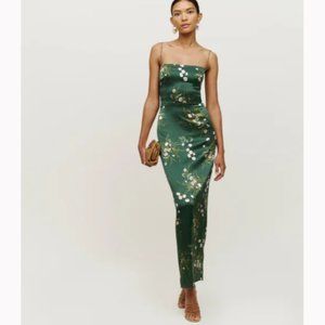 NWOT Reformation Frankie Silk Dress in Buena Green White Floral Maxi